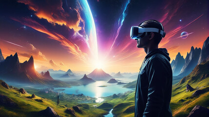 A man in a virtual world, wearing a Google VR headset, generative AI

 - obrazy, fototapety, plakaty
