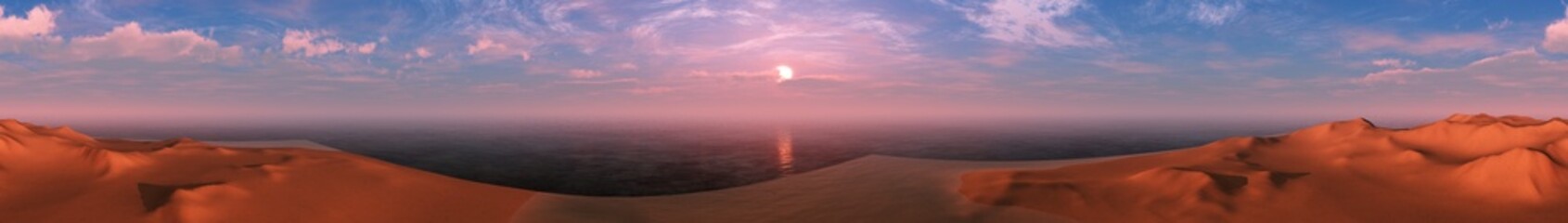 Panorama of sand desert at sunset, dunes and dunes under blue sky, 3D rendering