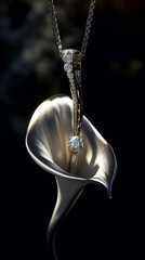 diamond necklase calla pendant White gold, calla themed, royal luxury, product photo сreated with Generative Ai
