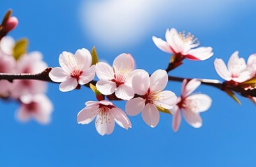 Selective focus of beautiful branches of white Cherry blossoms on the tree under blue sky. Nature background.