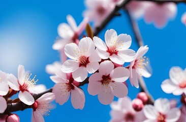 Selective focus of beautiful branches of white Cherry blossoms on the tree under blue sky