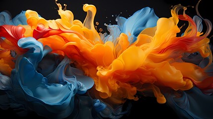 A collision of royal blue and tangerine liquids produces a spectacular burst of energy, transforming the surroundings into a canvas of dynamic abstract patterns, captured vividly by an HD camera