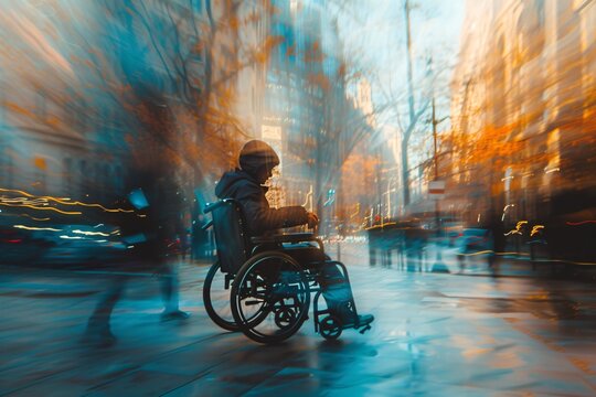 The image captures a sense of movement and speed, with blurred surroundings and a clear focus on the person in the wheelchair