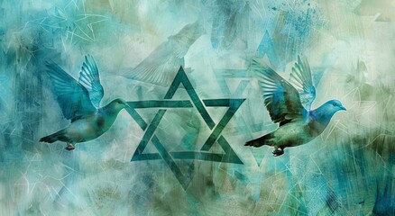 Artistic rendering of two doves in flight against a Star of David, symbolizing peace and freedom associated with the spirit of Passover.