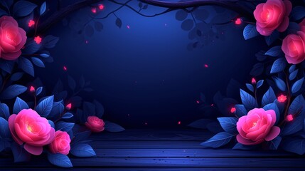 a dark blue background with pink flowers and leaves - obrazy, fototapety, plakaty
