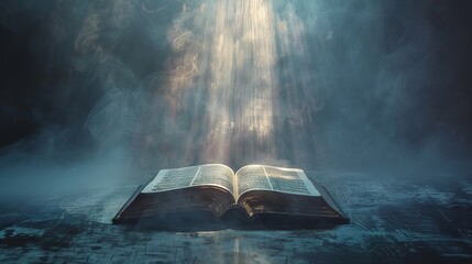 Silhouette of a Bible floating in mid-air with light rays - obrazy, fototapety, plakaty