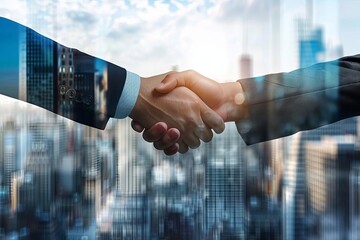 Close-up of two business professionals engaging in a firm handshake against the backdrop of a bustling city Symbolizing successful agreements and partnerships