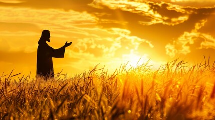 Silhouette of Jesus Christ blessing a field before the harvest in rural landscape.