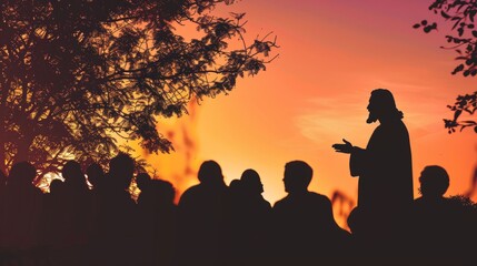 Silhouette of Jesus Christ speaking wisdom to a diverse crowd in a park.