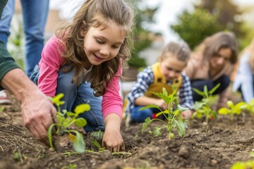 Community gardening scene with people of all ages planting trees and vegetables Fostering a sense of unity and environmental stewardship