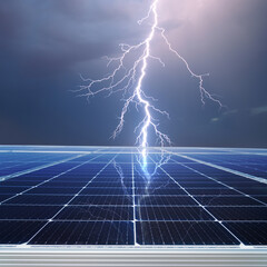 Solar panel and stormy cloudy sky with thunder and lightning reflection - concept of sustainable...