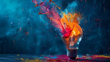 New idea, brainstorming concept. Creative light bulb explodes with colorful paint and colors. Electric light bulb exploding with paint and glass. Business and technology. Banner, a creative idea.