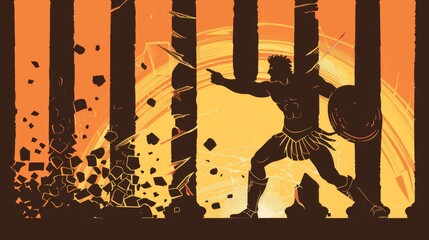 Silhouette of Samson destroying the temple with pillars crumbling