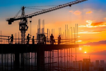 Construction site at sunset with silhouettes of cranes and workers Highlighting the progress and development of new buildings