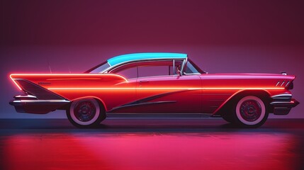 A classic 1950s car in red, accentuated with vibrant neon light outlines against a moody backdrop. - obrazy, fototapety, plakaty