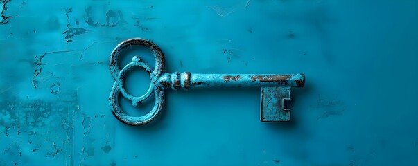 A key symbolizing online security and digital asset protection on blue backdrop. Concept Cybersecurity, Online Protection, Digital Assets, Key Symbol, Blue Backdrop