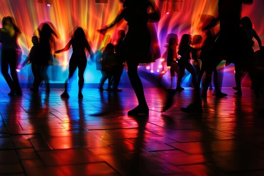 Dance floor alive with silhouettes of people moving to the music Capturing the energy and joy of dancing in a vibrant setting