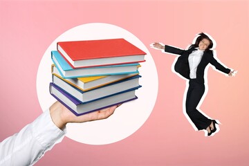 Composite creative collage of young running person and stack books