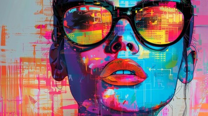 A digital art portrait of a woman with oversized sunglasses reflecting a colorful abstract cityscape. - obrazy, fototapety, plakaty