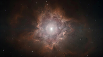 A radiant star bursts with light, cutting through the nebula's dust and gas, showcasing the dynamic processes of the cosmos.
