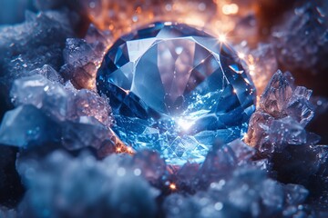 Close-up of a sparkly blue gemstone encircled by rough crystals highlighting its clarity and luxury - obrazy, fototapety, plakaty