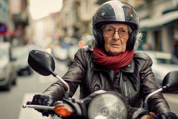Fototapeta na wymiar Elderly woman navigating busy city streets on her motorbike Her expression a mix of concentration and adventure Reflecting the vitality of senior life in urban settings