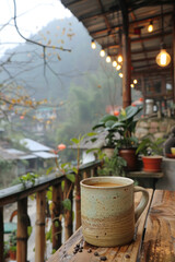 drinking from a mug in an outdoor coffee shop, in the style of mountainous vistas
