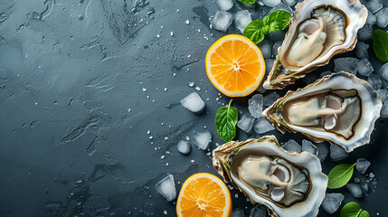 Fresh oysters with ice and green on the dark background
