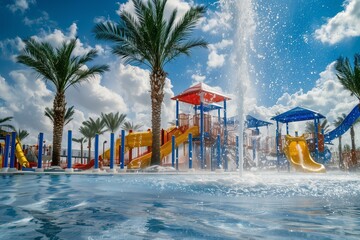 fun kids splashing area at a waterpark, palm trees in background