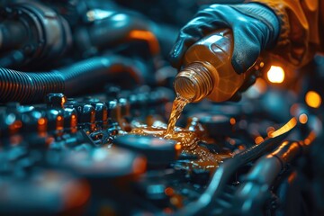 Gloved hands pouring motor oil into the engine for maintenance. A focused close-up with a blur background. - obrazy, fototapety, plakaty