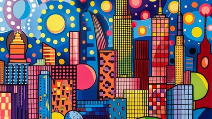 A mesmerizing abstract cityscape with bold geometric shapes and a vibrant color palette, evoking a playful and modern vibe.