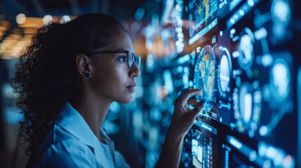 Focused female scientist working with complex data across multiple screens in a high-tech lab.