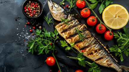 Grilled mackerel with lemon, spices, tomato and green black background - obrazy, fototapety, plakaty