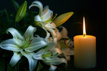 Elegant composition of lilies and a burning candle on a dark background Providing a solemn and respectful visual for memorials or contemplative moments