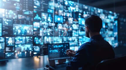 A man in a dark control room analyzing extensive data on large futuristic screen displays.