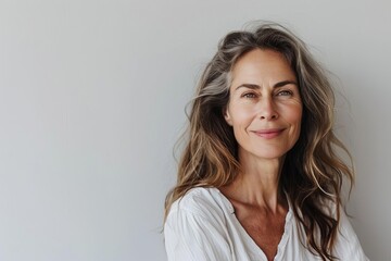 Elegant mid-aged woman against a white background Representing timeless beauty and confidence in skincare and wellness