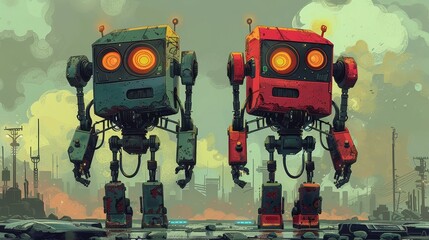 Fototapeta premium A pair of weathered robots with glowing eyes stand tall, surveying a futuristic cityscape under a cloudy, atmospheric sky.