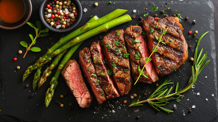sliced beef grill steak with green asparagus, dark background - obrazy, fototapety, plakaty
