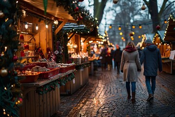 Festive scene at a christmas market with a couple holding hands Walking past brightly lit stalls offering holiday treats and crafts