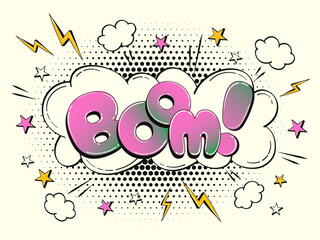 Comic speech bubble in the shape of a cloud with halftone effect. Multicolored illustration with the word 