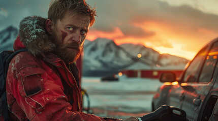 A man with a weathered expression refuels his car at a gas station against a snowy mountainous backdrop during sunset.