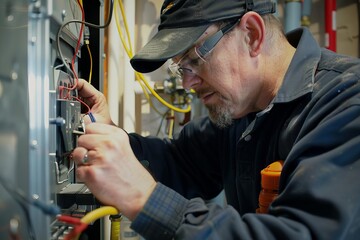 Handyman expertly repairing a malfunctioning electric boiler or furnace Focusing on precision and technical skill to ensure functionality and safety