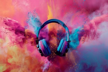 Headphones surrounded by a burst of vivid color powder Encapsulating the energy and freedom of music and festival culture in a creative concept