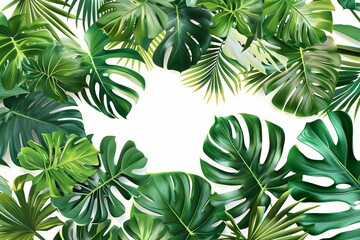 Fototapeta premium Lush tropical foliage with an assortment of green leaves and floral elements Forming a dense jungle-like canopy Arranged as a seamless pattern on a pure white backdrop.