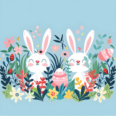 Colourful easter banner with bunnies, eggs and flowers. Vector