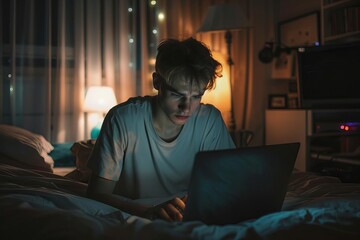 Man focused on his laptop during the night A scene of dedication and concentration in a dimly lit environment. - obrazy, fototapety, plakaty