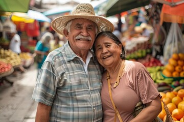 Mature couple of latin american heritage strolling through a vibrant market square Their happiness evident Embodying the joy of a well-earned retirement in their homeland - obrazy, fototapety, plakaty