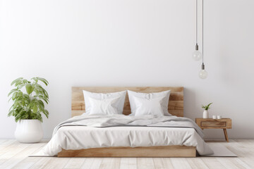 Rustic wooden bed against empty white wall with copy space Scandinavian loft interior design of modern bedroom