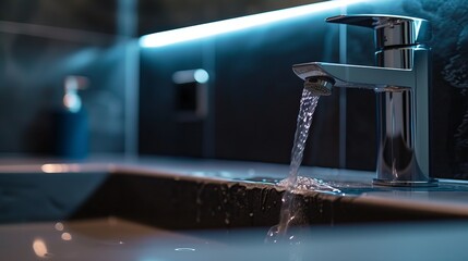 Close-up sink with faucet with running water in dark bathroom