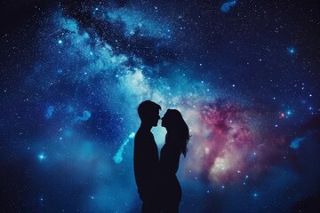 Silhouettes of a man and woman against a cosmic background of stars and nebulae Symbolizing a...